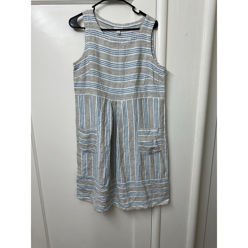J. Jill Blue and Cream Striped Sleeveless Linen Dress